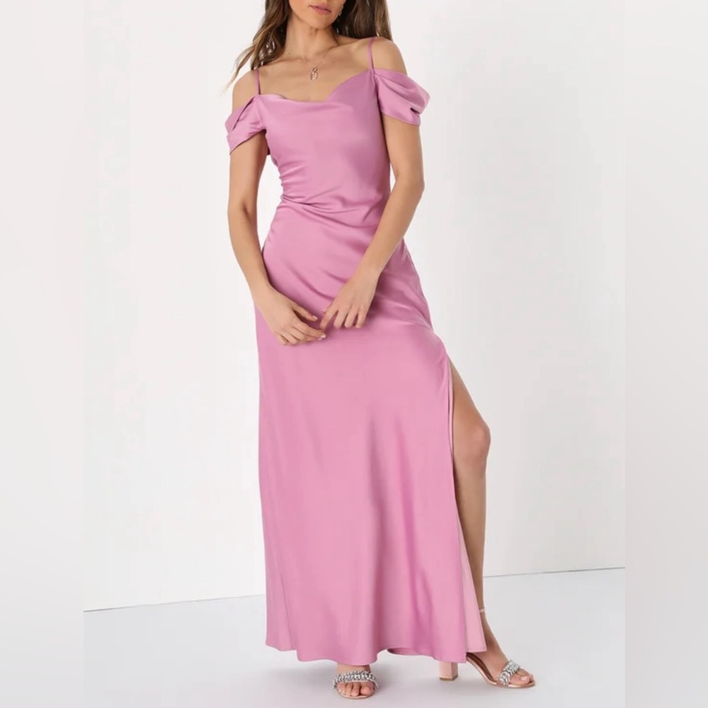 Lulu’s Mauve Satin Off-the-Shoulder Cowl Maxi Dress